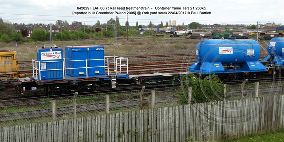 642029 FEAF 60.7t Rail head treatment train – Container frame Tare 21.260kg [reported built Greenbrier Poland 2005] @ York yard south 2017-04-22 © Paul Bartlett w