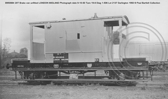 B950884 20T Brake van unfitted LONDON MIDLAND Photograph date 9-10-50 Tare 19-8 Diag 1-506 Lot 2137 Darlington 1950 © Paul Bartlett Collection w