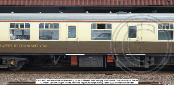 W1651 Mk 1 Kitchen Buffet Riviera trains [Lot 30628 Pressed Steel 1960] @ York Station 2023-08-11 © Paul Bartlet [4w]