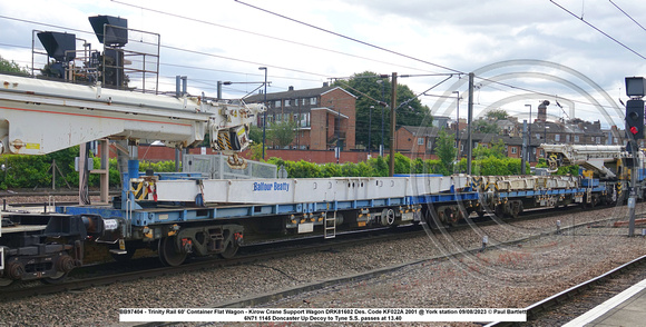 BB97404 - Trinity Rail 60' Container Flat Wagon - Kirow Crane Support Wagon DRK81602 Des. Code KF022A 2001 @ York station 2023-08-09 © Paul Bartlett [1w]