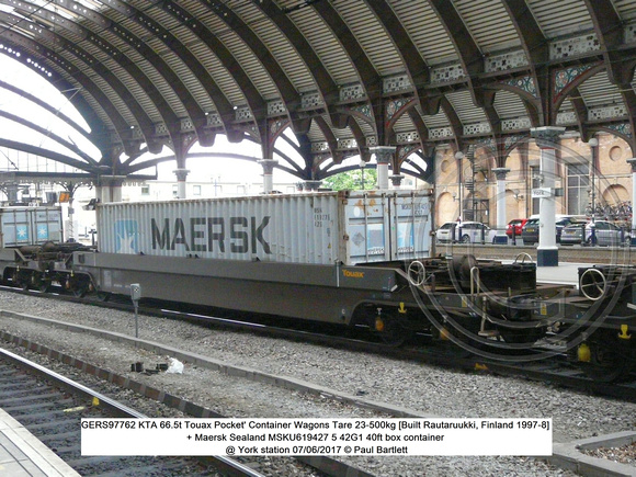 GERS97762 KTA 66.5t Touax Pocket' Container Wagons Tare 23-500kg [Built Rautaruukki, Finland 1997-8] + Maersk Sealand MSKU619427 5 @ York station 2017-06-07 © Paul Bartlett [1]