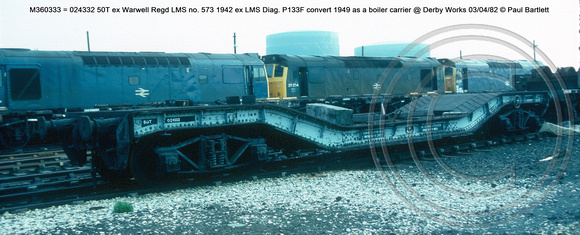 M360333  024332 50T ex Warwell Regd LMS 1942 ex LMS Diag. P133F convert 1949 as a boiler carrier  Derby Works 03-04-82 © Paul Bartlett [2w]