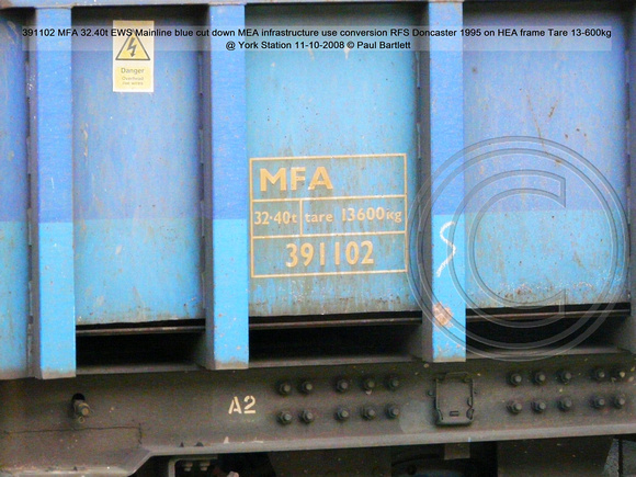 391102 MFA 32.40t EWS Mainline blue cut down MEA conversion RFS Doncaster 1995 on HEA frame @ York Station 2008-10-11 © Paul Bartlett [3w]