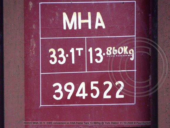 394522 MHA 33.1t  EWS conversion on HAA frame Tare 13-860kg @ York Station 2008-10-11 © Paul Bartlett [2w]