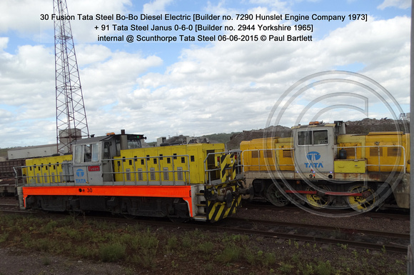 30 Fusion Bo-Bo [Builder no. 7290 HE 1973] + 91 0-6-0 [Builder no. 2944 YE 1965] internal @ Scunthorpe Tata Steel 2015-06-06 © Paul Bartlett [1w]