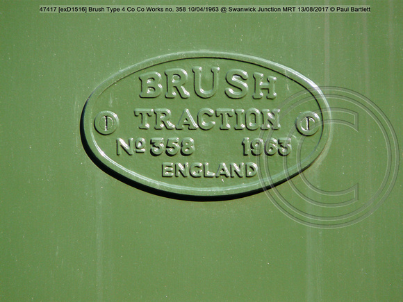 47417 [exD1516] Brush Type 4 Co Co Works no. 358 1963-04 @ Swanwick Junction MRT 2017-08-12 © Paul Bartlett [3w]
