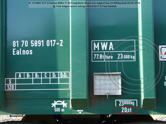 81 70 5891 017-2 Ealnos MWA 77.8t Freightliner Bogie box wagon 09.05.2016 @ York wagon works sidings 2017-03-26 © Paul Bartlett [5w]