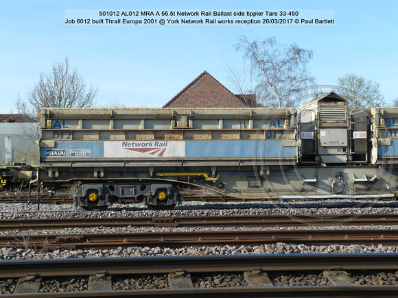 501012 AL012 MRA A Network Rail Ballast side tippler Job 6012 Thrall Europa 2001 @ York Network Rail works reception 2017-03-26 © Paul Bartlett [2w]