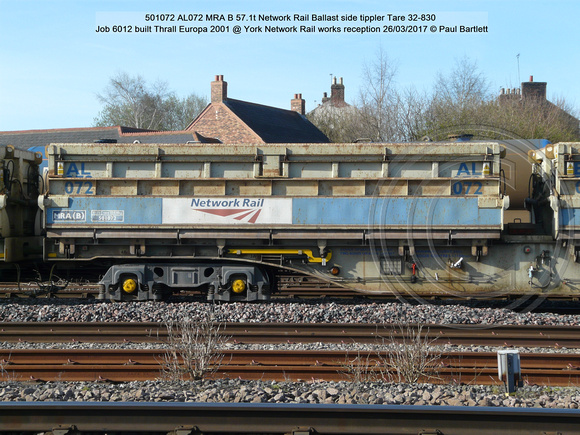 501072 AL072 MRA B Network Rail Ballast side tippler Job 6012 Thrall Europa 2001 @ York Network Rail works reception 2017-03-26 © Paul Bartlett [2w]