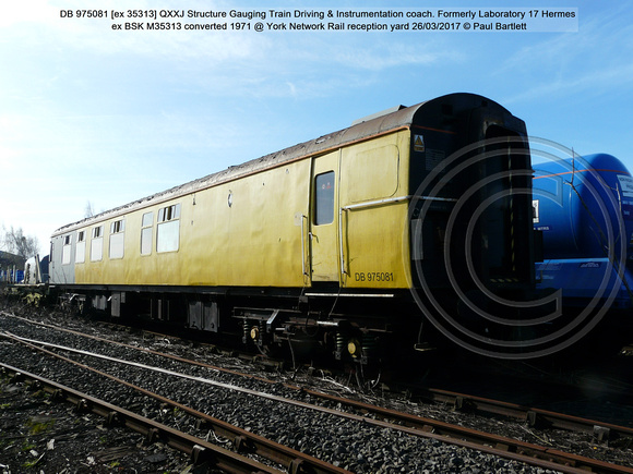 DB975081 QXXJ Structure Gauging Train Driving & Instrumentation coach. ex Lab 17 Hermes ex BSK M35313 converted 1971 @ York Network Rail reception yard 2017-03-26 © Paul Bartlett [7w]