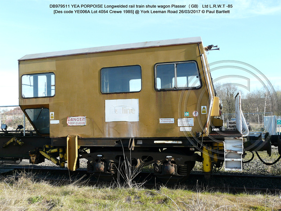 DB979511 YEA PORPOISE LRT shute wagon Plasser (GB) [Des code YE006A Lot 4054 Crewe 1985] @ York Leeman Road 2017-03-26 © Paul Bartlett [3w]