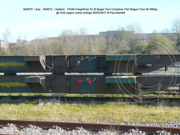 640070 (top) 640073 (bottom) FEAB Freightliner Bogie Twin Container Flat Wagon  @ York wagon works sidings 2017-03-26 © Paul Bartlett [2w]