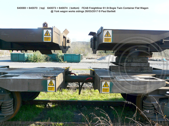 640069 + 640070 (top) 640073 + 640074 (bottom) FEAB Freightliner Bogie Twin Container Flat Wagon @ York wagon works sidings 2017-03-26 © Paul Bartlett [1w]