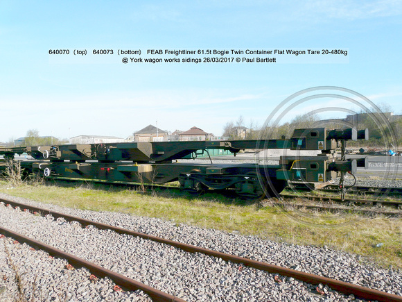640070 (top) 640073 (bottom) FEAB Freightliner Bogie Twin Container Flat Wagon  @ York wagon works sidings 2017-03-26 © Paul Bartlett [6w]