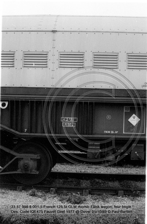 33 87 998 5 001-5 French 125.5t GLW Atomic Flask wagon four bogie Des. Code IQE475 Fauvet Girel 1977 @ Dover 89-10-01 © Paul Bartlett [07w]