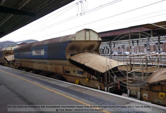 380135 HQAH 64.4t Network Rail Autoballaster intermediate hopper Axle-Motion III bogies [built Doncaster 2001] Tare 25-600kg @ York Station 2018-04-13 © Paul Bartlett w