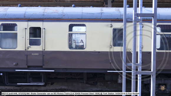 W6310 [ex81448, 975325] Mk1 Brake Generator van ex BG Riviera Trains [Lot 30400 Pressed Steel 1958] @ York Station 2018-04-14 © Paul Bartlett [3w]