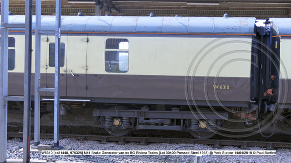 W6310 [ex81448, 975325] Mk1 Brake Generator van ex BG Riviera Trains [Lot 30400 Pressed Steel 1958] @ York Station 2018-04-14 © Paul Bartlett [4w]