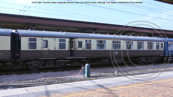 W21272 Mk1 Corridor brake composite Riviera Trains [Lot 30732 Derby 1964] @ York Station 2018-04-14 © Paul Bartlett [1w]