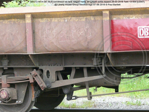 395272 MTA DB 34.2t conversion on tank wagon frame ex Limpet some repaint 28-03-2018 Tare 13-500 [c2007] @ Liberty House Group Stocksbridge 2018-06-07 © Paul Bartlett [3]