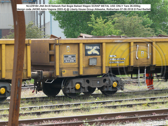 NLU29184 JNA 64.0t Network Rail SCRAP METAL USE ONLY Tare 26.000kg [design code JNO60 Astro Vagone 2003-4] @  Aldwarke, Rotherham 2018-06-07 © Paul Bartlett [2]