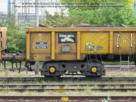 NLU29184 JNA 64.0t Network Rail SCRAP METAL USE ONLY Tare 26.000kg [design code JNO60 Astro Vagone 2003-4] @  Aldwarke, Rotherham 2018-06-07 © Paul Bartlett [3]