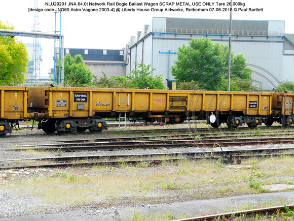 NLU29201 JNA 64.0t Network Rail SCRAP METAL USE ONLY Tare 26.000kg [design code JNO60 Astro Vagone 2003-4] @  Aldwarke, Rotherham 2018-06-07 © Paul Bartlett [1]