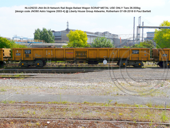 NLU29233 JNA 64.0t Network Rail SCRAP METAL USE ONLY Tare 26.000kg [design code JNO60 Astro Vagone 2003-4] @  Aldwarke, Rotherham 2018-06-07 © Paul Bartlett [1]