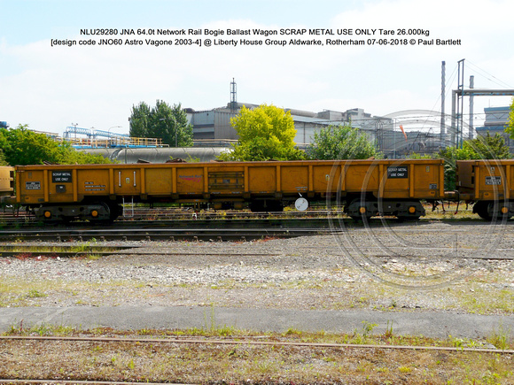 NLU29280 JNA 64.0t Network Rail SCRAP METAL USE ONLY Tare 26.000kg [design code JNO60 Astro Vagone 2003-4] @  Aldwarke, Rotherham 2018-06-07 © Paul Bartlett [1]