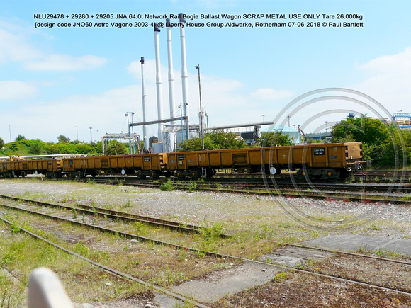 NLU29478 + 29280 + 29205 JNA 64.0t Network Rail SCRAP METAL USE ONLY [design code JNO60 Astro Vagone 2003-4] @  Aldwarke, Rotherham 2018-06-07 © Paul Bartlett [1]