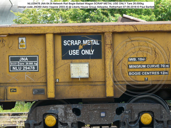 NLU29478 JNA 64.0t Network Rail SCRAP METAL USE ONLY Tare 26.000kg [design code JNO60 Astro Vagone 2003-4] @  Aldwarke, Rotherham 2018-06-07 © Paul Bartlett [2]