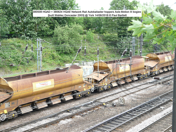 380508 HQAD + 380624 HQAE Network Rail Autoballaster hoppers Axle-Motion III bogies [built Wabtec Doncaster 2003] @ York 2018-06-14 © Paul Bartlett [1w]