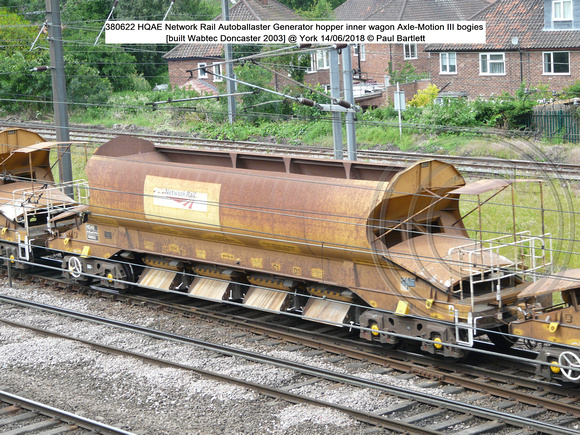 380622 HQAE Network Rail Autoballaster Generator hopper inner wagon Axle-Motion III bogies [built Wabtec Doncaster 2003] @ York 2018-06-14 © Paul Bartlett [1w]