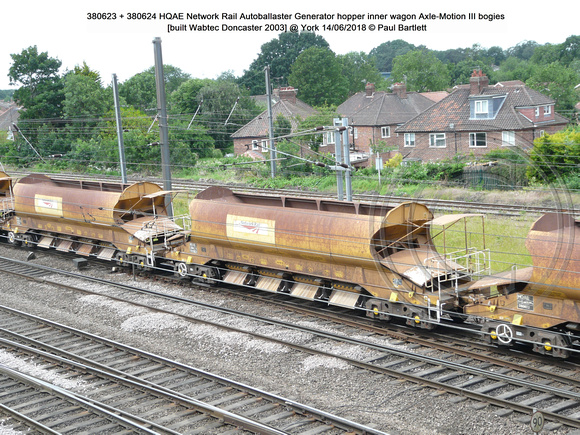 380623 + 380624 HQAE Network Rail Autoballaster Generator hopper inner wagon Axle-Motion III bogies [built Wabtec Doncaster 2003] @ York 2018-06-14 © Paul Bartlett [1w]