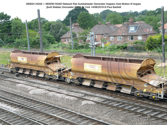 380624 HQAE + 380508 HQAD Network Rail Autoballaster Generator hoppers Axle-Motion III bogies [built Wabtec Doncaster 2003] @ York 2018-06-14 © Paul Bartlett [1w]