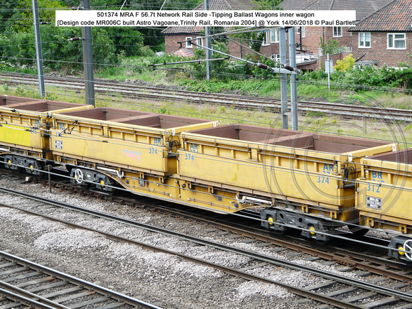 501374 MRA F 56.7t Network Rail Side -Tipping Ballast Wagons inner wagon [Design code MR006C built Astro Vagoane,Trinity Rail, Romania 2004] @ 2018-06-14 © Paul Bartlett [w]