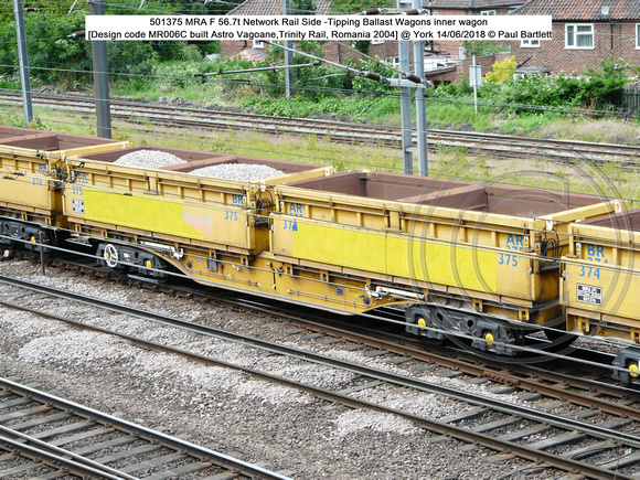 501375 MRA F 56.7t Network Rail Side -Tipping Ballast Wagons inner wagon [Design code MR006C built Astro Vagoane,Trinity Rail, Romania 2004] @ 2018-06-14 © Paul Bartlett [w]