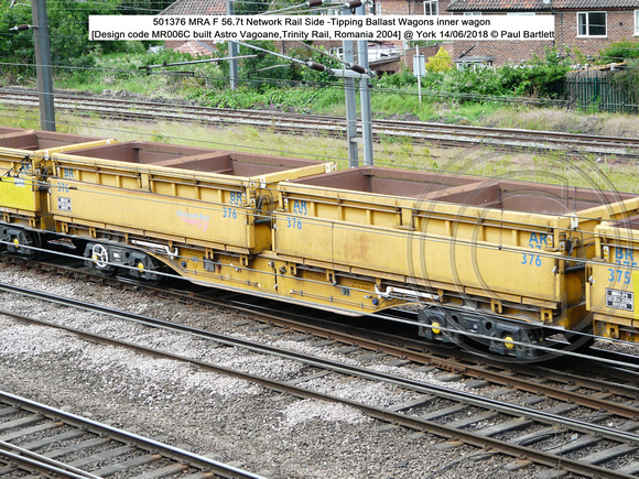 501376 MRA F 56.7t Network Rail Side -Tipping Ballast Wagons inner wagon [Design code MR006C built Astro Vagoane,Trinity Rail, Romania 2004] @ 2018-06-14 © Paul Bartlett [w]