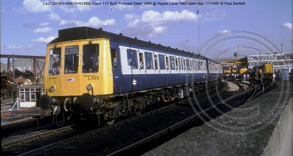 L423 Pressed Steel Class 117 @ Ripple Lane TMD 87-10-17 � Paul Bartlett [1w]