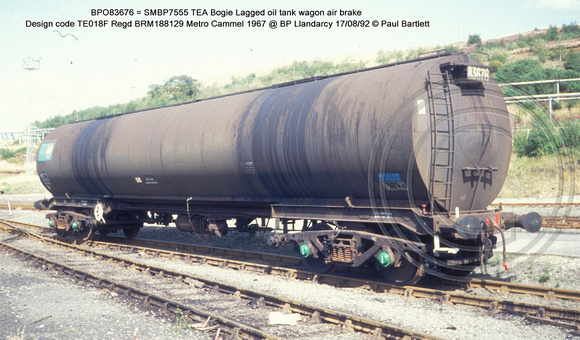BPO83676 = SMBP7555 TEA Bogie Lagged oil tank wagon AB Design code TE018F @ BP Llandarcy 92-08-17 � Paul Bartlett w