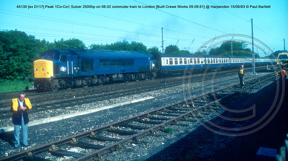 45130 [ex D117] Peak 1Co-Co1 Sulzer 2500hp on 08.02 commuter train to London [Built Crewe Works 09.09.61] @ Harpenden 83-06-15 © Paul Bartlett w