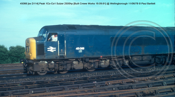 45066 [ex D114] Peak 1Co-Co1 Sulzer 2500hp [Built Crewe Works 19.09.61] @ Wellingborough 78-06-11 © Paul Bartlett w