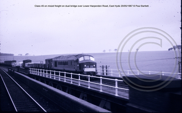 Class 45 on mixed freight on dual bridge over Lower Harpenden Road, East Hyde 1967-05-20 © Paul Bartlett w