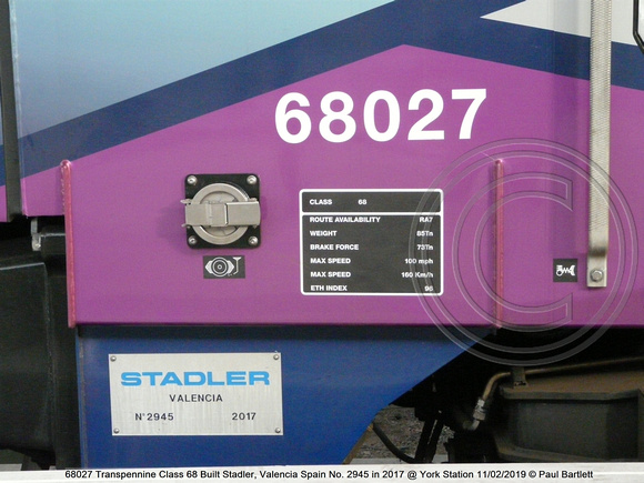 68027 Transpennine Class 68 Built Stadler, Valencia Spain No. 2945 in 2017 @ York Station 2019-02-11 © Paul Bartlett [04w]