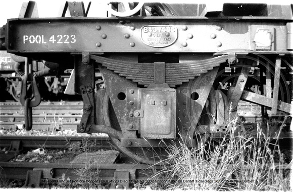 B437588 HKV 34t Iron ore hopper POOL 4223 Diag 1-167 lot 3002 Shildon 1957 @ Cardiff Tidal Sdgs 85-05-26 © Paul Bartlett [13w]