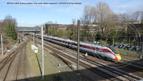 800103 LNER Azuma passes York south station approach 2019-03-15 © Paul Bartlett [3cw]