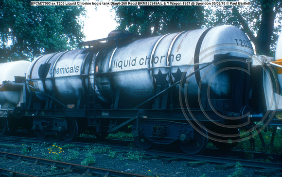 BPCM77003 ex T203 Liquid Chlorine bogie tank Diag6-260 Regd BRM183949A L & Y Wagon 1957 @ Spondon 78-08-05 © Paul Bartlett w
