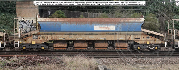 380113 HQAH 64.4t Network Rail Autoballaster intermediate hopper Tare 25-600kg [Des. code HQ001H built RFS Doncaster 2001] @ York Holgate Junction 2024-01-21 © Paul Bartlett w