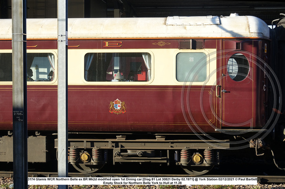 3174 Glamis WCR Northern Belle ex BR Mk2d modified open 1st Dining car [Diag 81 Lot 30821 Derby 02.1971] @ York Station 2021-12-02 © Paul Bartlett [7w]