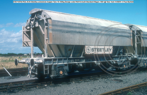 STET18704 PAA 35.9t Steetley Limestone hopper Tare 15-100kg Design code PA011A built Standard Wagon 1981 @ Tees Yard 91-08-11 © Paul Bartlett w